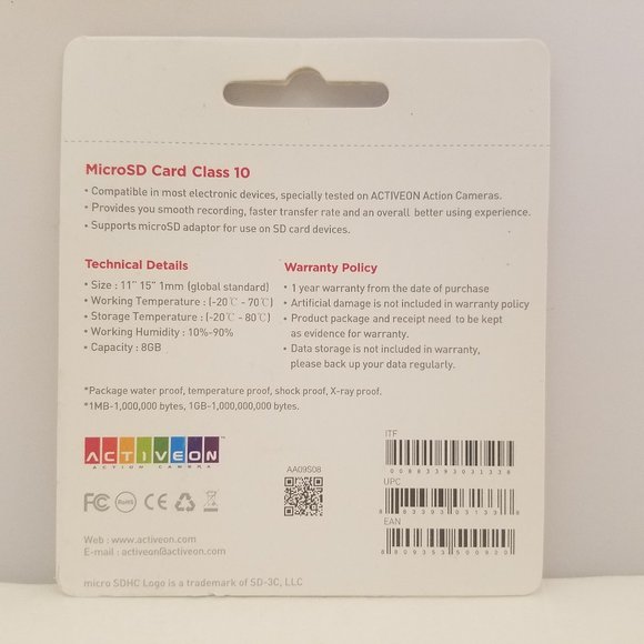 Action Camera Bundle ACTIVEON CX Camera Selfie Stick 8 GB Micro SD Card - Picture 11 of 12